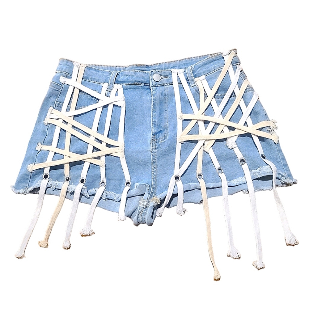 Tassel Rope Medium Wash Blue Denim Jean Shorts Streetwear